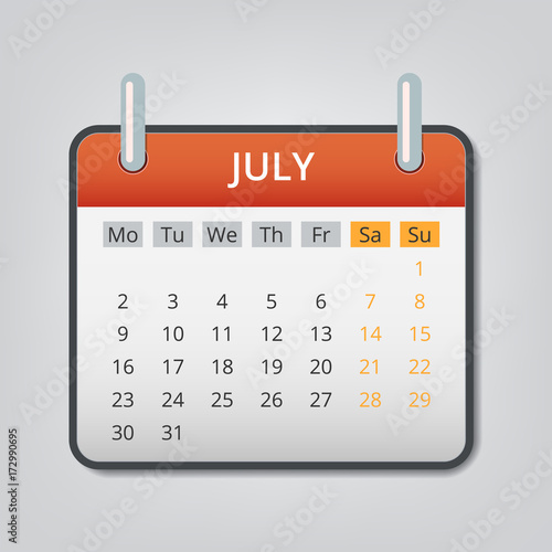 July 2018 calendar concept background, cartoon style