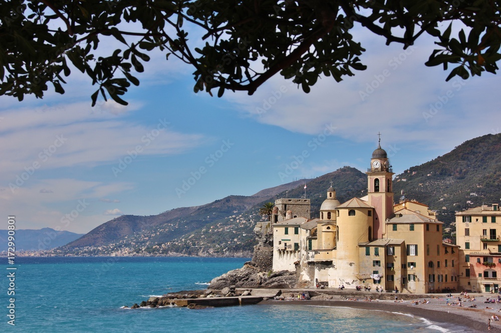 Camogli town, Liguria, Mediterranean sea: view of mountains, sea, beach. Italy