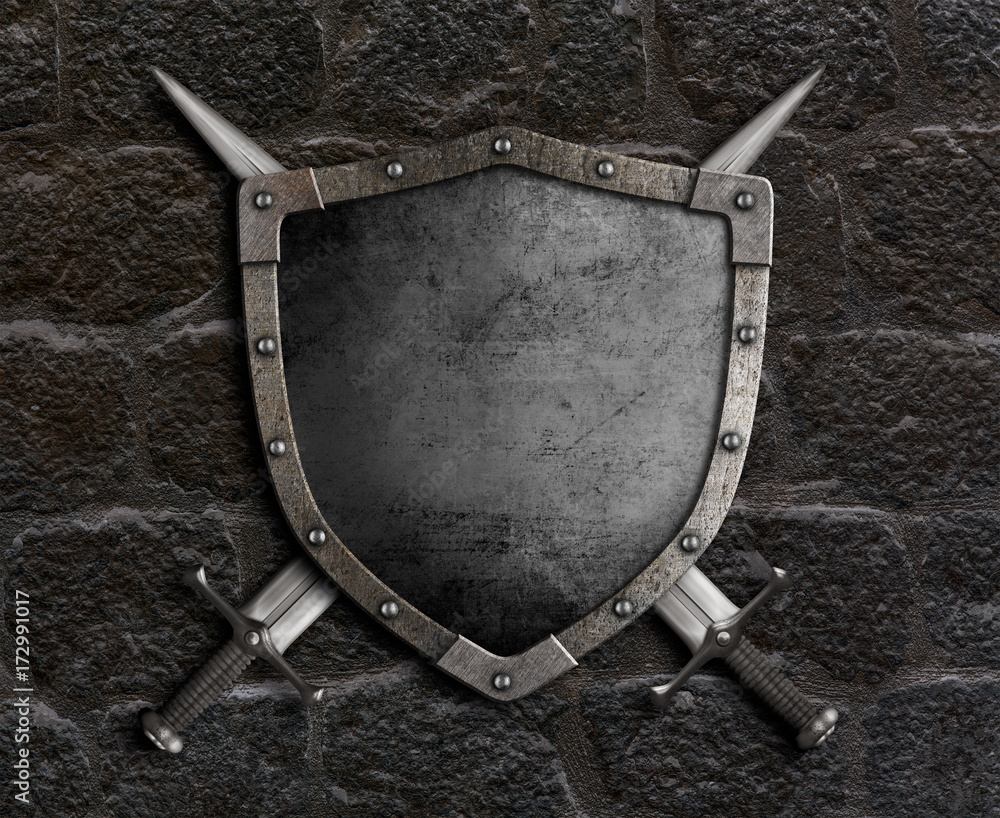 medieval shield with crossed swords on stone wall 3d illustration