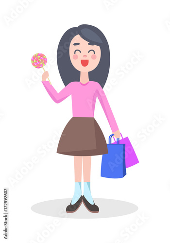 Happy Woman Holiday Shopping Flat Vector Icon