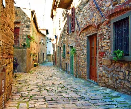 Fototapeta Naklejka Na Ścianę i Meble -  antico vicolo in pietra nel borgo medievale di Montefioralle in Toscana