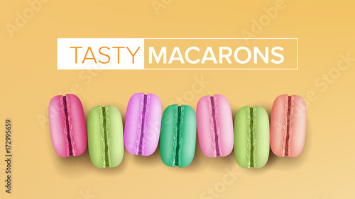Realistic Macarons Vector. Top View. Sweet French Macaroons On Yellow Background Illustration.