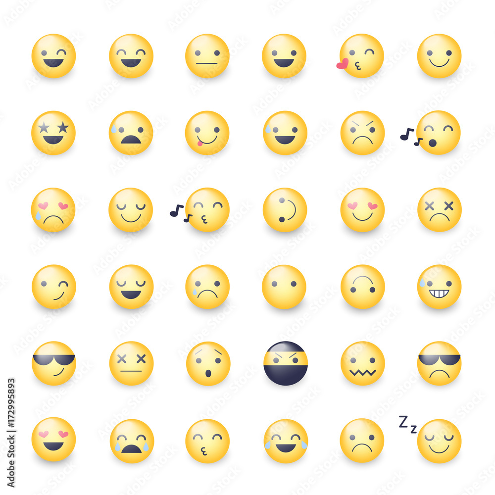 Fototapeta premium Smileys vector icon set. Emoticons pictograms. Happy, merry, singing, sleeping, ninja, crying, in love and other round yellow smileys. Large collection of smiles