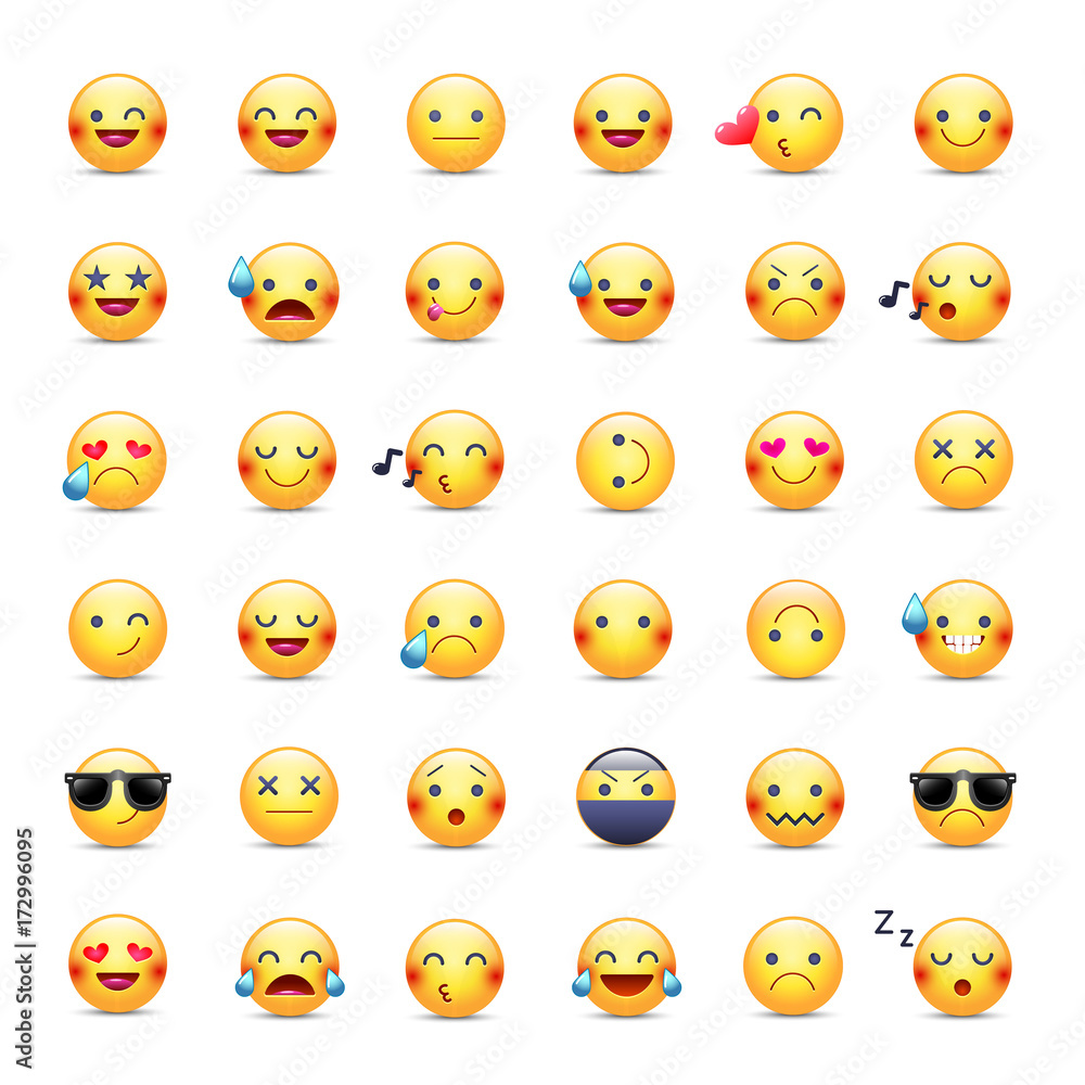Smileys vector icon set. Emoticons pictograms. Happy, merry, singing, sleeping, ninja, crying, in love and other round yellow smileys. Large collection of smiles Smileys vector icon set. Emoticons pictograms. Happy, merry, singing, sleeping, ninja, crying, in love and other round yellow smileys. Large collection of smiles