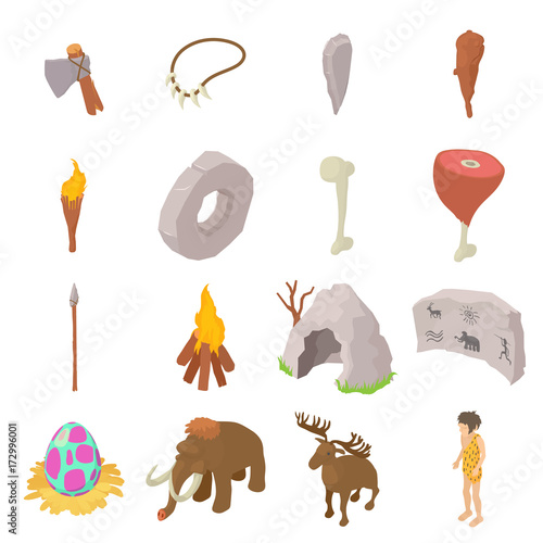 Cavemen human icons set, isometric style