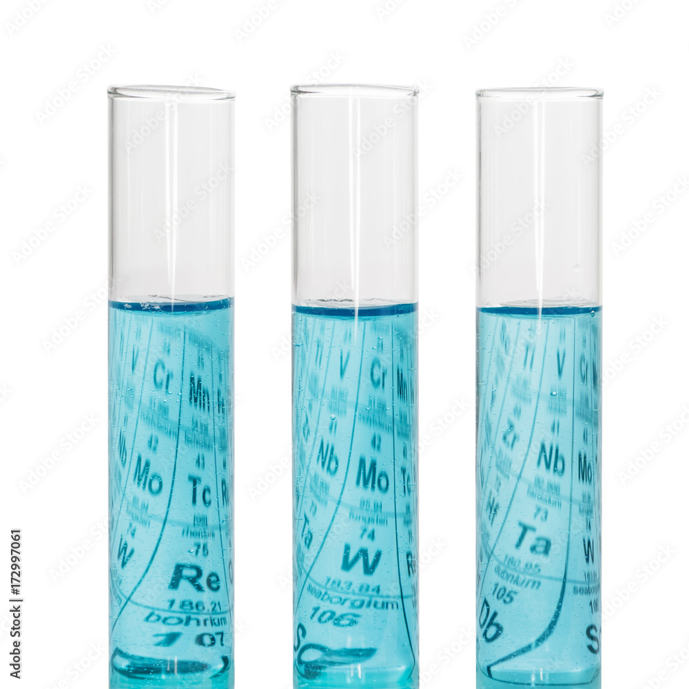 Three test tubes with blue liquids and sheet of paper with Mendeleev's table isolated on white background. Three test tubes with blue liquids and sheet of paper with Mendeleev's table isolated on white background.