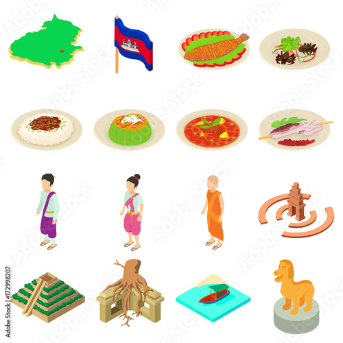 Cambodia travel icons set, isometric style