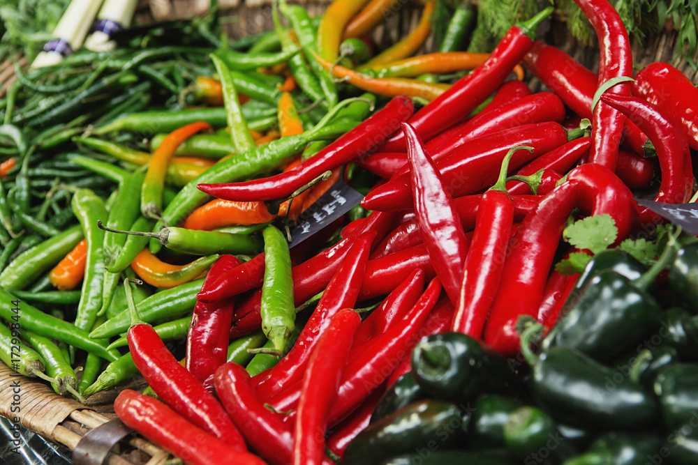 Multicolored peppers on Borough market