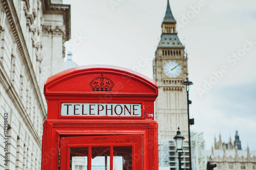 Red telephone box and Big Ben. London, UK