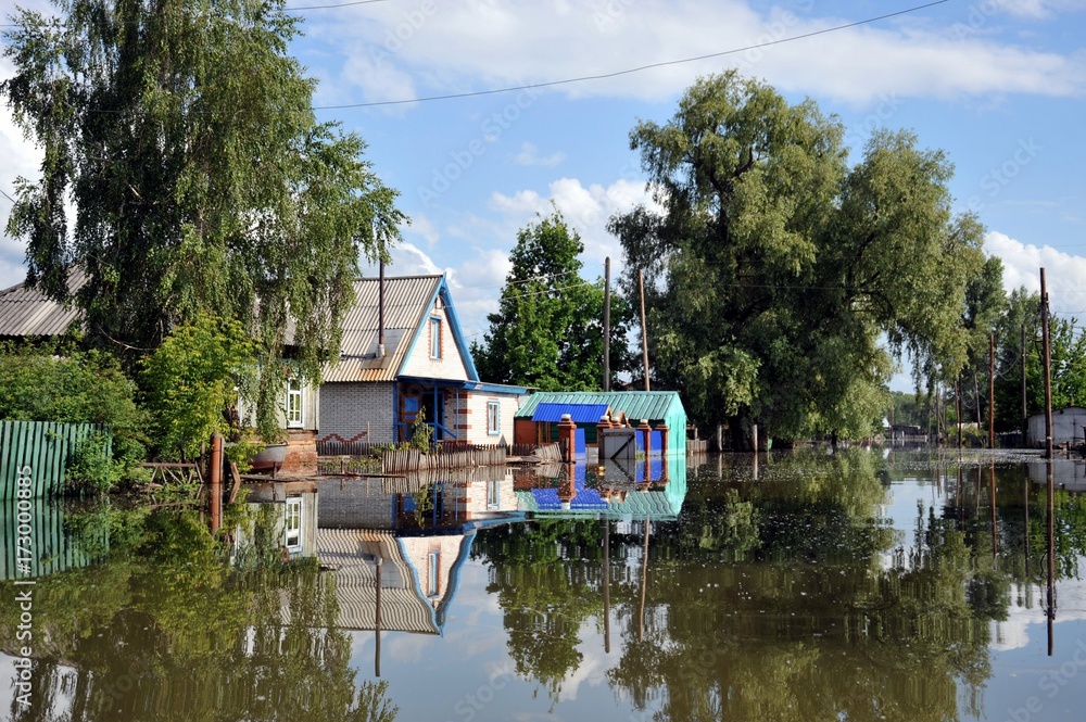 Obraz premium Flood. The river Ob, which emerged from the shores, flooded the outskirts of the city.