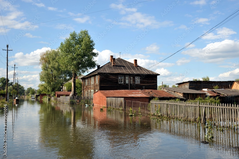 Obraz premium Flood. The river Ob, which emerged from the shores, flooded the outskirts of the city.