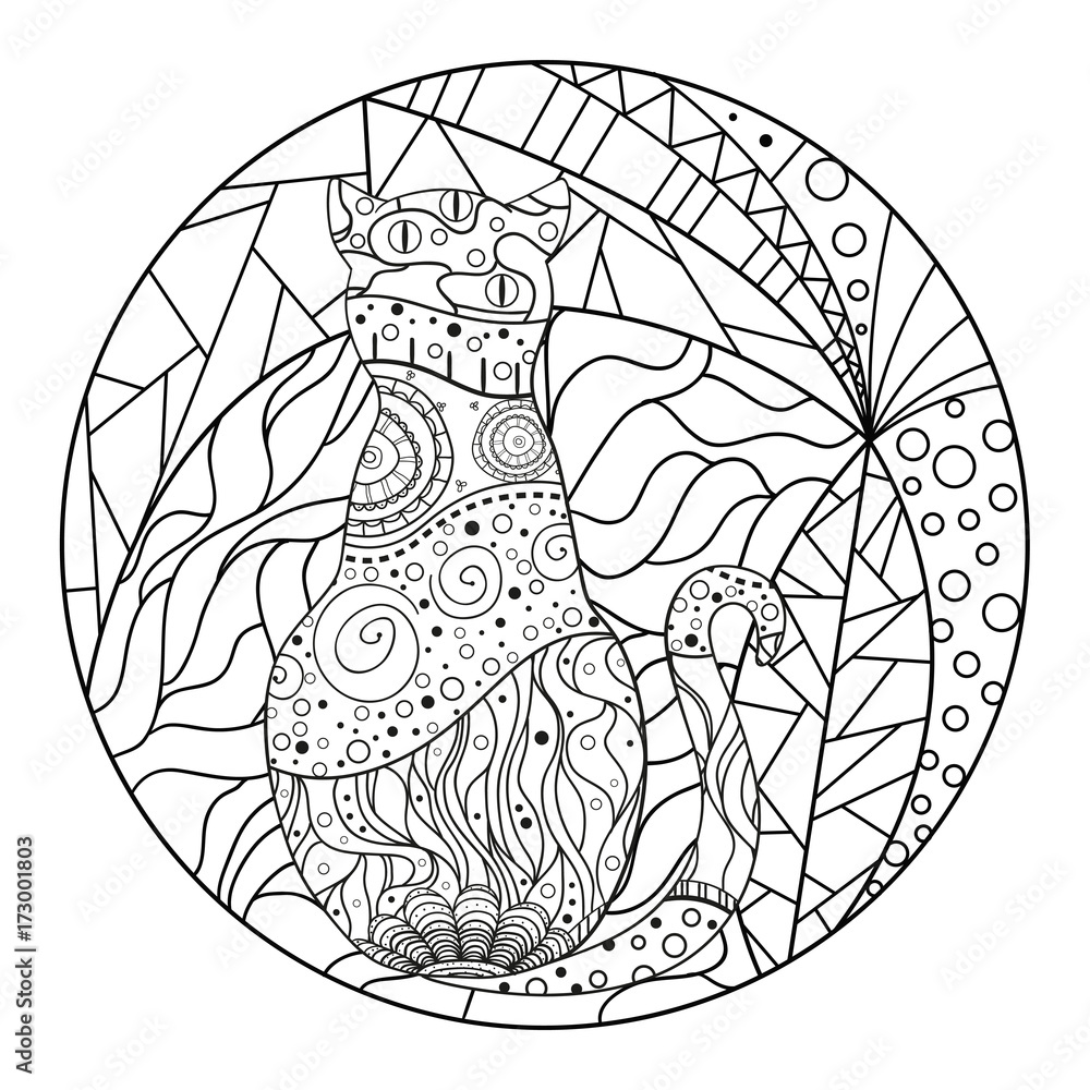 Mandala with cats. Zentangle. Hand drawn cat with abstract patterns on isolation background. Design for spiritual relaxation for adults. Black and white illustration for coloring. Outline for t-shirts Mandala with cats. Zentangle. Hand drawn cat with abstract patterns on isolation background. Design for spiritual relaxation for adults. Black and white illustration for coloring. Outline for t-shirts