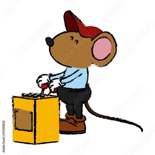 Cute mouse worker operating crane machine cartoon icon vector illustration graphic design