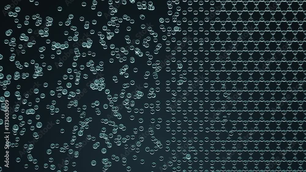 Creation of hexagonal molecular structure, loopable animation. Chaos and order concepts