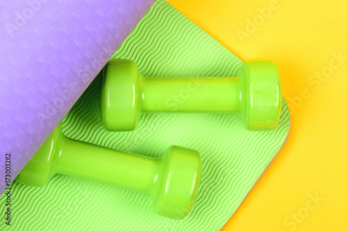 Healthy shape and sport concept. Dumbbells made of plastic