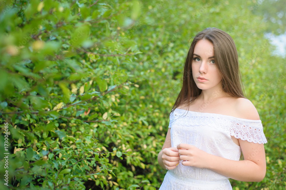 portrait of a young beautiful girl in a park in white dress portrait of a young beautiful girl in a park in white dress