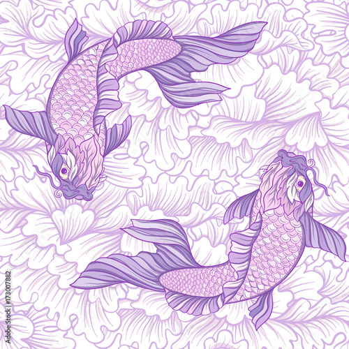 Seamless pattern with Japanese carps and traditional Japanese pa