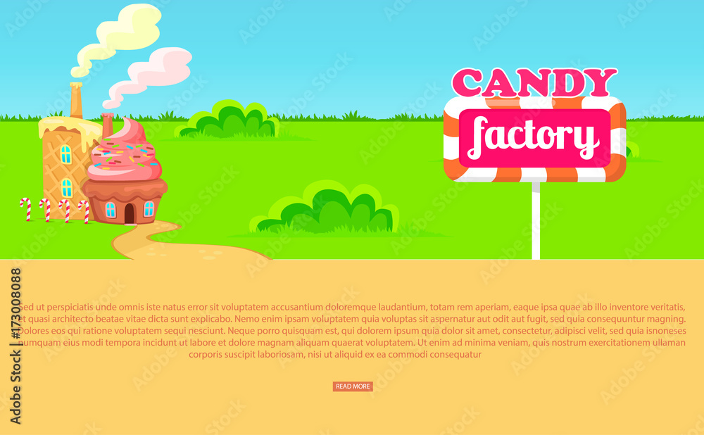 Small Cartoon Candy Factory on Wide Green Meadow