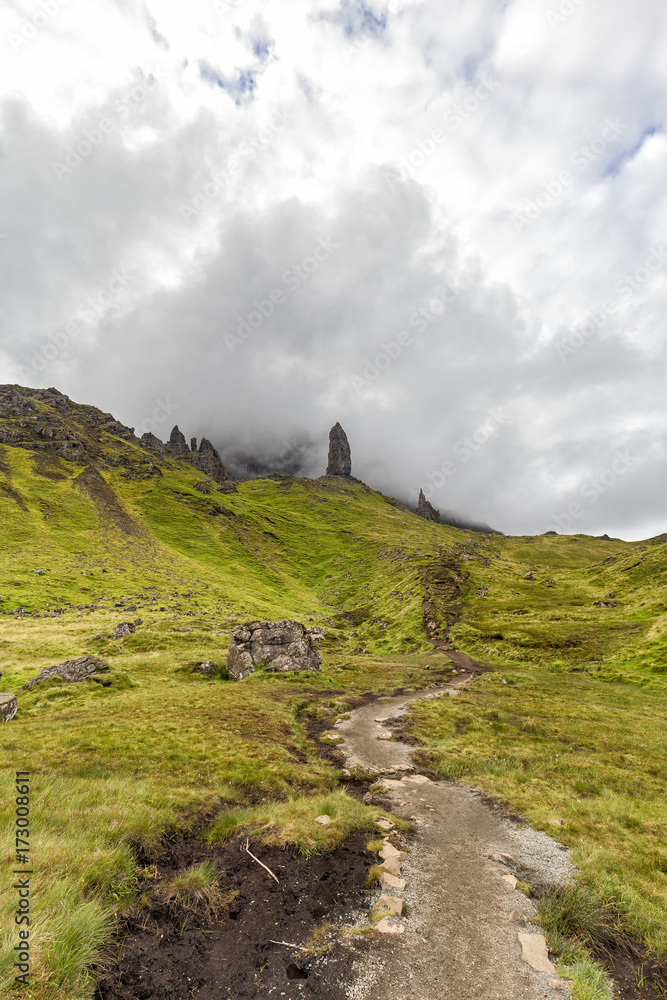 A hiking trail up to the Old Man of Storr on Isle of Skye in Scotland.