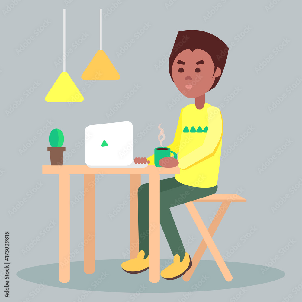 Browsing on Laptop with Cup of Coffee Flat Vector