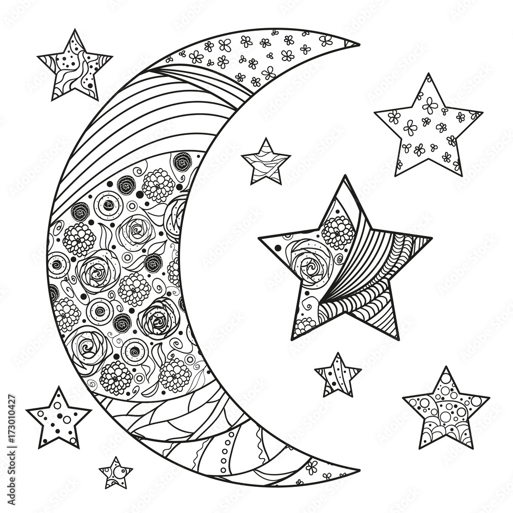 Moon and star with abstract patterns on isolation background. Design for  spiritual relaxation for adults. Line art. Black and white illustration for  anti stress colouring page. Print for t-shirts Stock Vector |