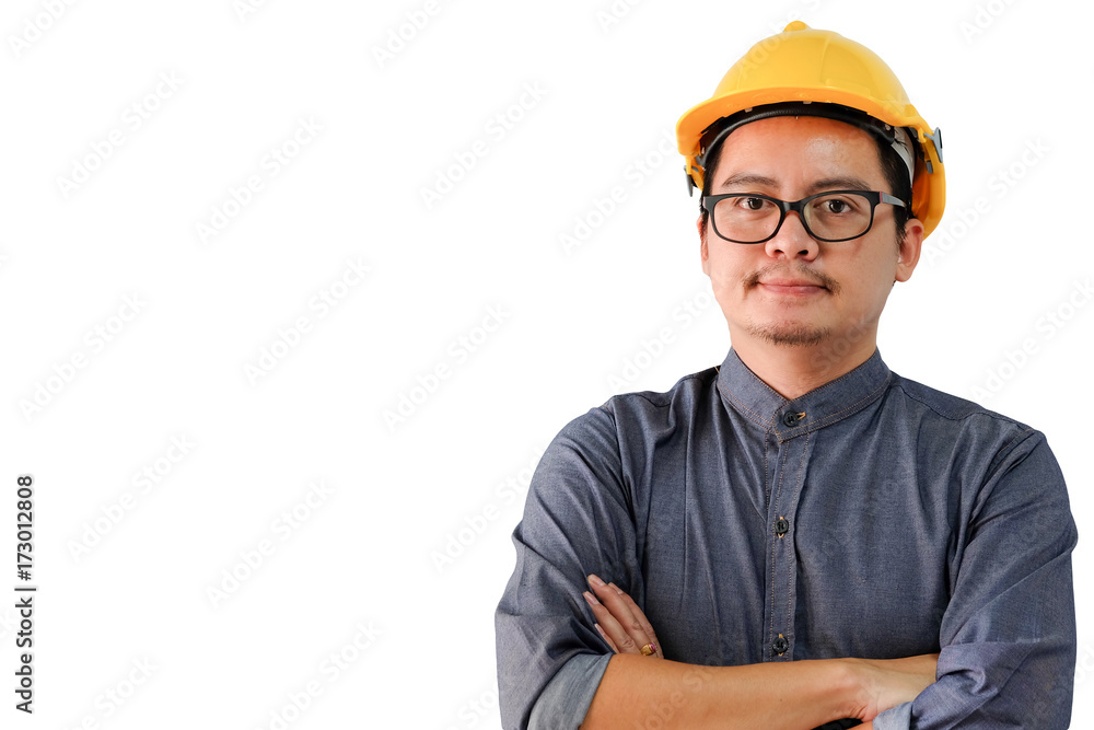 Asian engineers man keeping arms crossed isolated on white background with clipping path Asian engineers man keeping arms crossed isolated on white background with clipping path