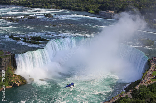 Horseshoe Falls in Niagara and Maid of the Mist boat  aerial view