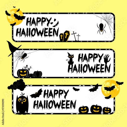 Holiday horizontal banners for Halloween. Black frames with creepy pumpkins, bats and spiders on white background. Trick or treat vector illustration