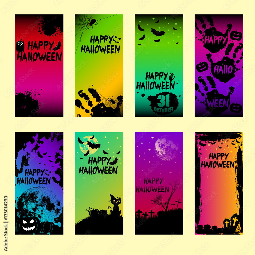 Holiday banners for Happy Halloween. Frames with pumpkins, bats, spiders, moon, crosses stylized with grunge hand print and splashes in different colors. Moon furnished by NASA. Vector illustration