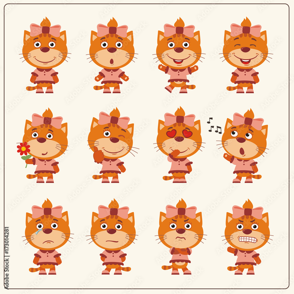 Collection emoticons of isolated girls pussy cat in cartoon style. Set of  charming little pussycat girl in various poses. Stock Vector | Adobe Stock