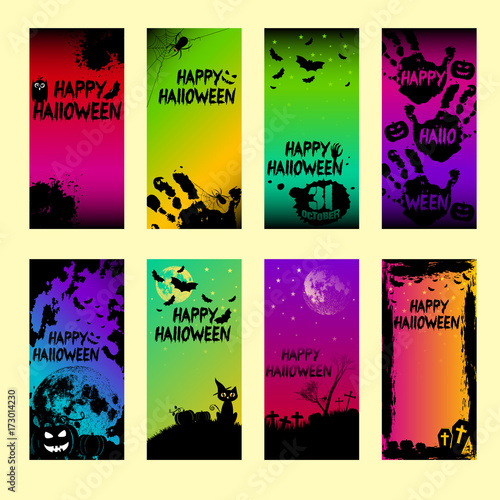 Holiday banners for Happy Halloween. Frames with pumpkins  bats  spiders  moon  crosses stylized with grunge hand print and splashes in different colors. Moon furnished by NASA. Vector illustration