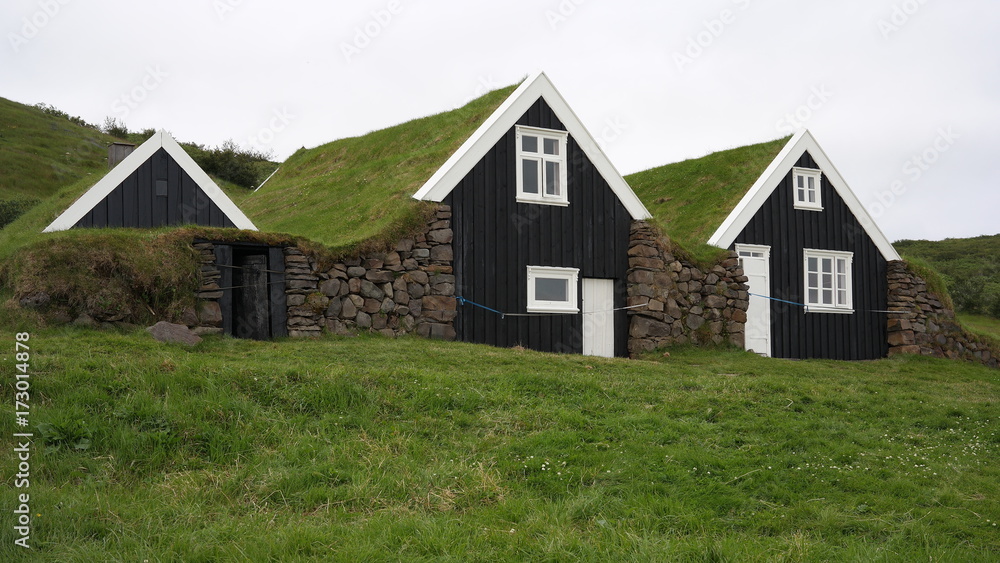 A typical icelandic wooden cabins with roofs coverd with gras