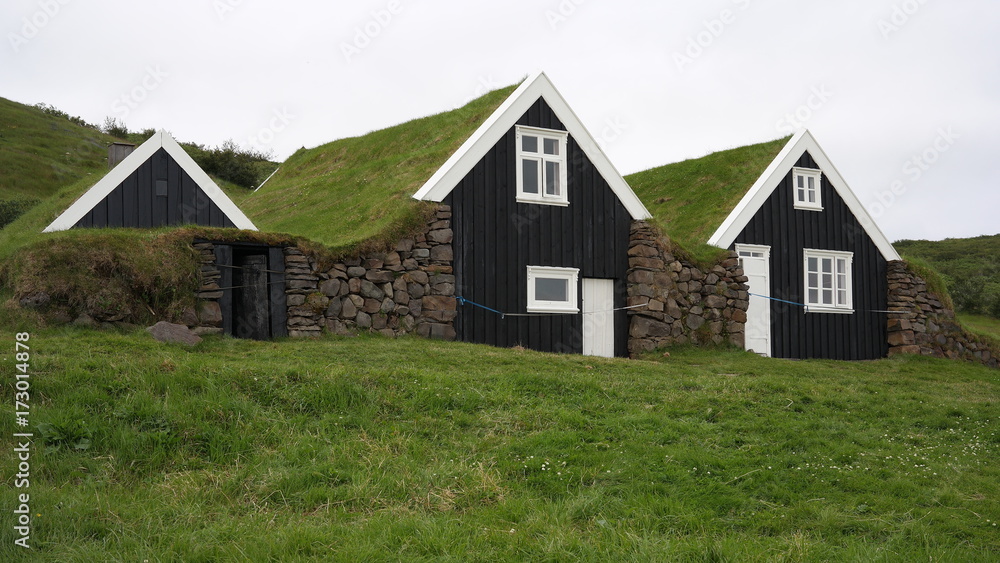 A typical icelandic wooden cabins with roofs coverd with gras A typical icelandic wooden cabins with roofs coverd with gras