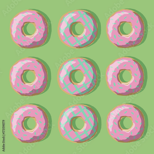 Illustration of sweet donuts of yellow, pink and green on a green background