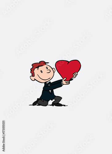 Boyfriend holds a huge heart, kneeling, offering it. Vector isolated character.