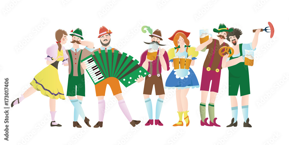 Set of men and women at Octoberfest. Characters in national costumes. Vector flat illustration for restaurant or bar menu, isolated on white background.