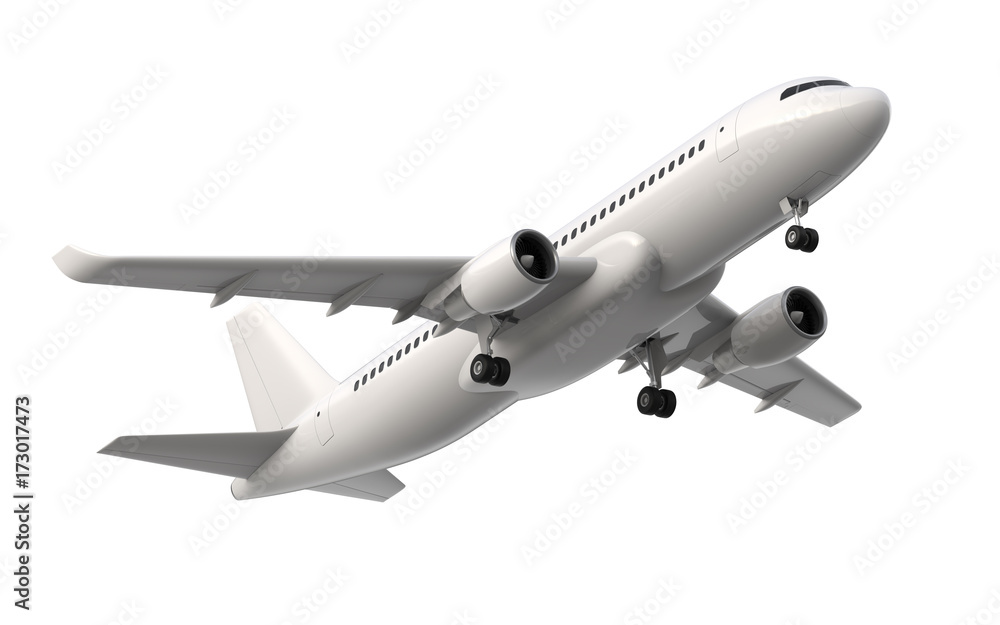 High detailed white airliner, 3d render on a white background. Airplane  Take Off, isolated 3d illustration. Airline Concept Travel Passenger plane.  Jet commercial airplane Stock Illustration | Adobe Stock