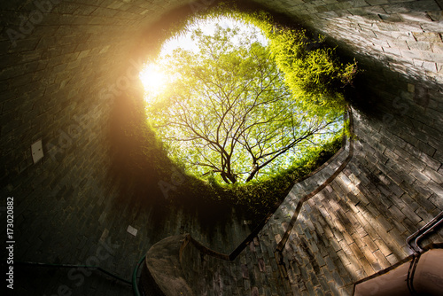 Photography Spiral staircase of underground crossing in tunnel at Fort Canning Park, Singapo