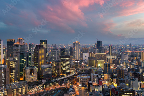 Osaka downtown city skyline at the landmark Umeda District in Osaka, Japan.