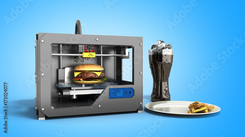 3D printer print burger 3d rendering on blue photo