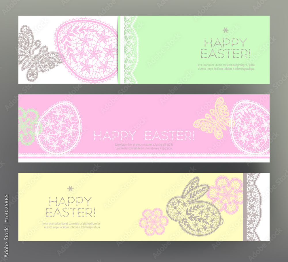 Set of postcard or banner for Happy Easter Day with lace eggs an