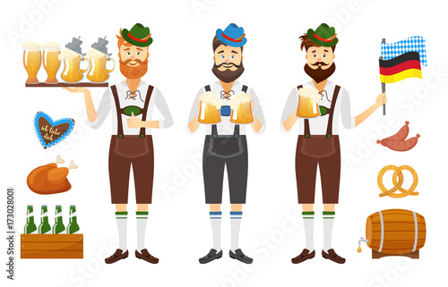 Smiling Bavarian man with red beard and moustache, dressed in traditional costume and hat with beer glasses and set of Oktoberfest icons. Traditional symbols of autumn holiday of beer isolated on