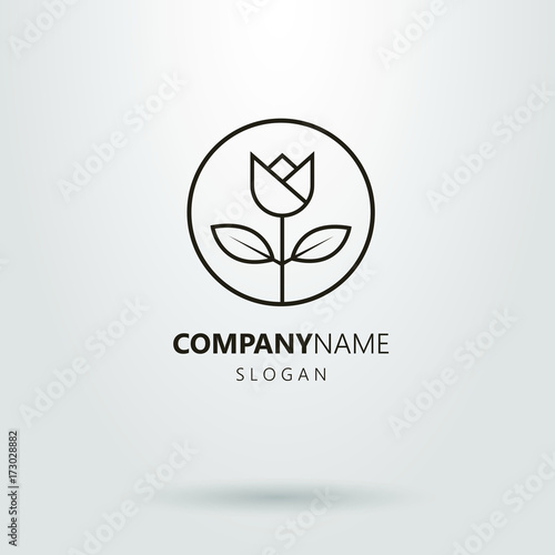 Black and white line art vector logo of flower in a round frame