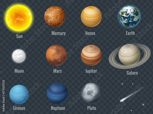 Flat isometric isolated set of planets in the solar system on transparent background infographics template vector illustration