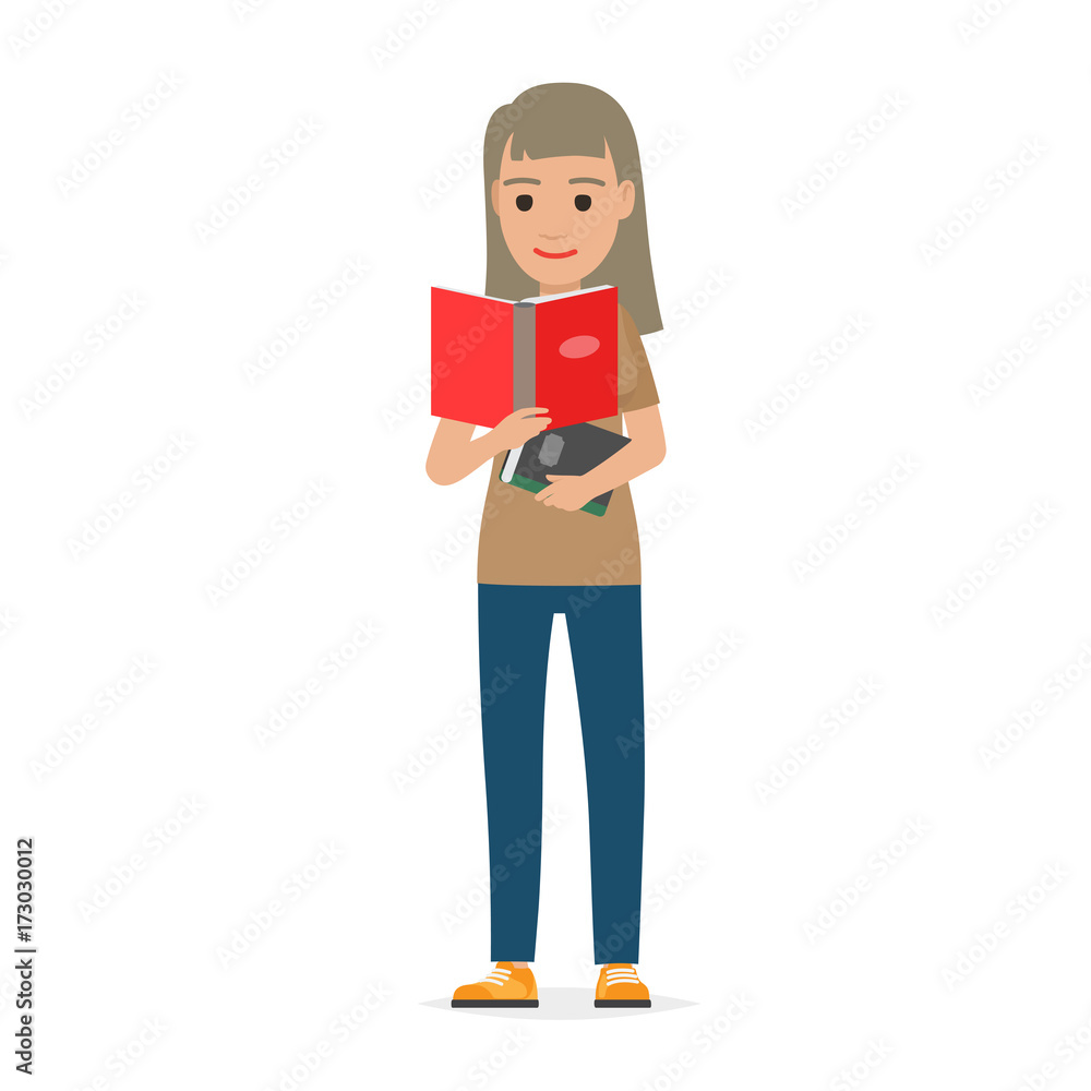 Student Standing and Reading Textbook Flat Vector Student Standing and Reading Textbook Flat Vector