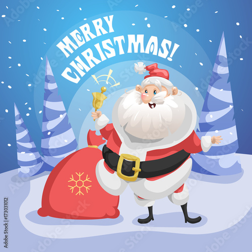 Happy Santa Claus in forest with gift sack and ring bell. Merry Christmas poster. Holiday simple gradient illustration. photo