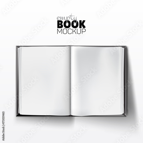 Realistic opened empty book mockup with blank white pages in hard cover. Vector illustration
