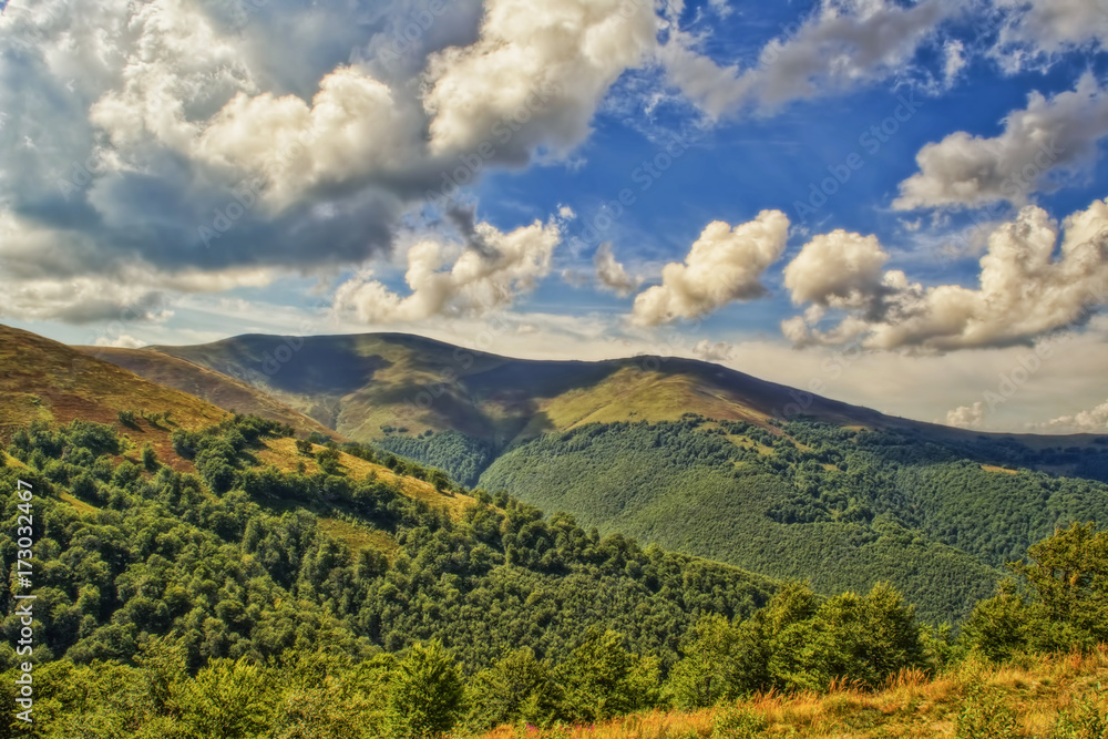 Viewn on the mountains and cumulus clouds. Carpathians