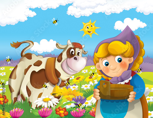 cartoon scene with happy woman working on the farm - standing and smiling near the cow / illustration for children