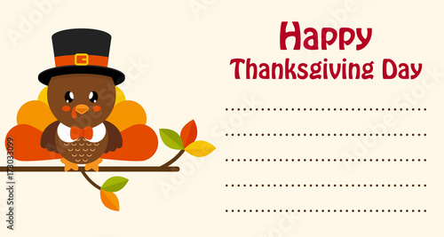 cute turkey  on a branch thanksgiving day card vector